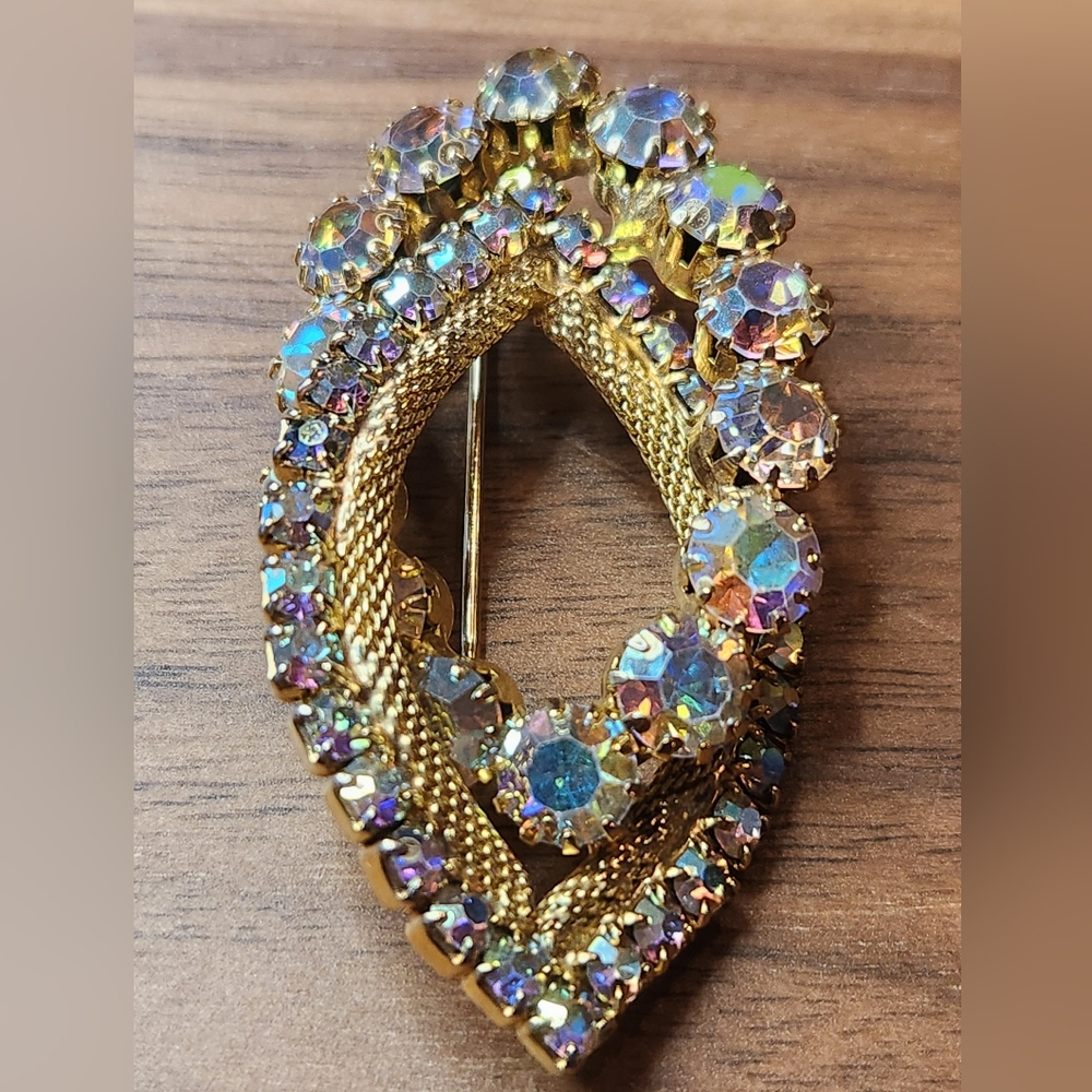 Vintage MCM Double Marquis AB Rhinestone Brooch Aurora Borealis - Picture 5 of 9